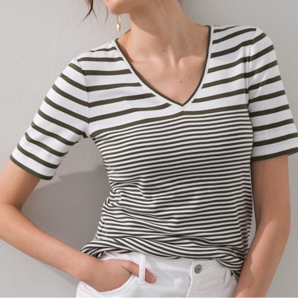 Chico's Fitted Black and White Striped V-Neck Tee